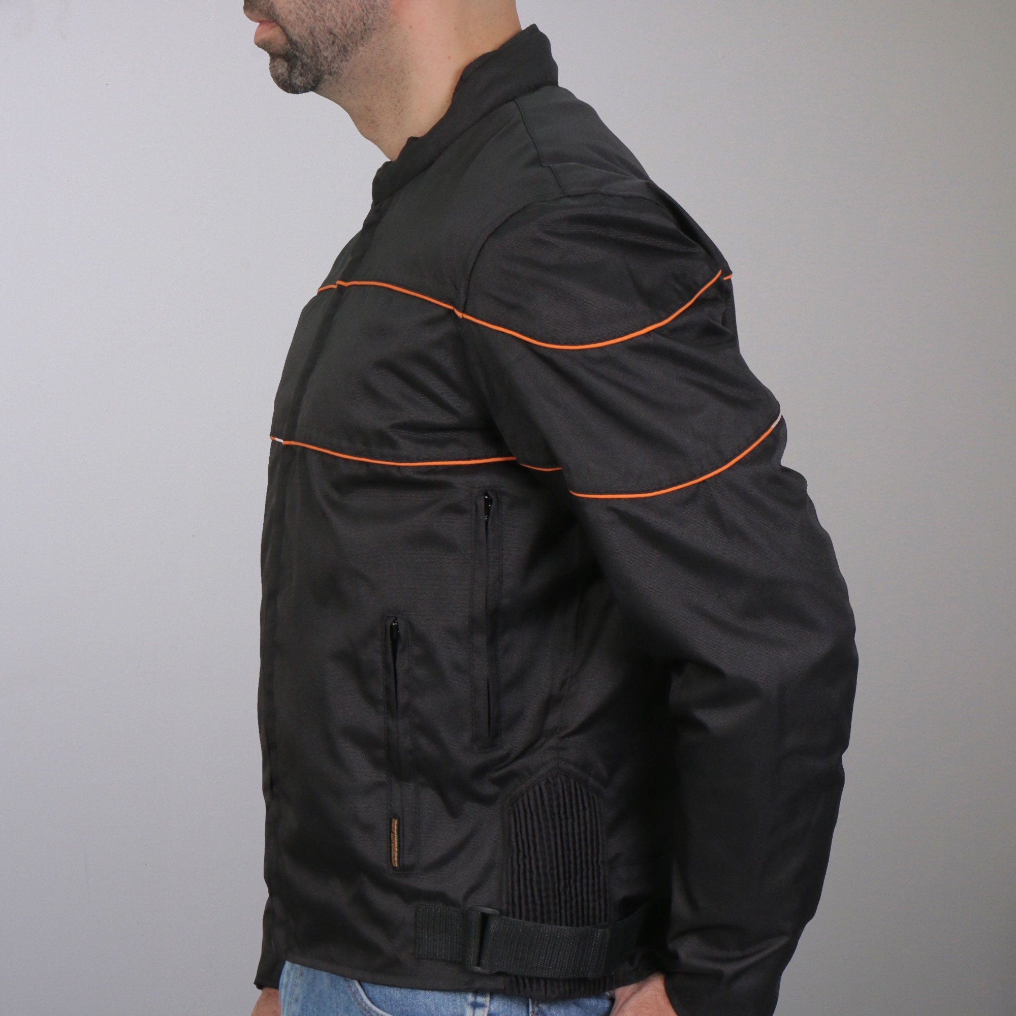JKM1026 Men’s Black Motorcycle style Nylon Biker Jacket with Orange Reflective Trim