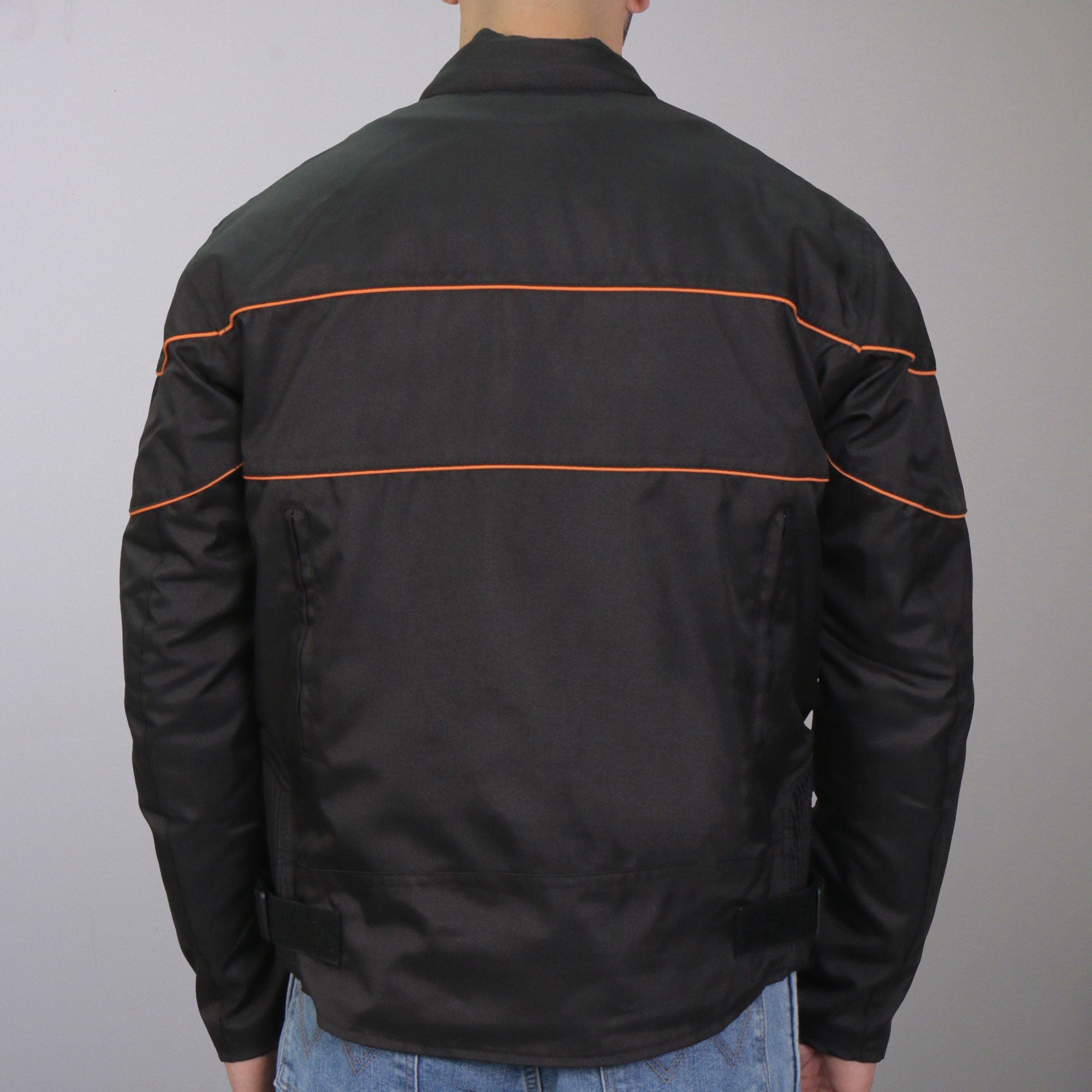 JKM1026 Men’s Black Motorcycle style Nylon Biker Jacket with Orange Reflective Trim