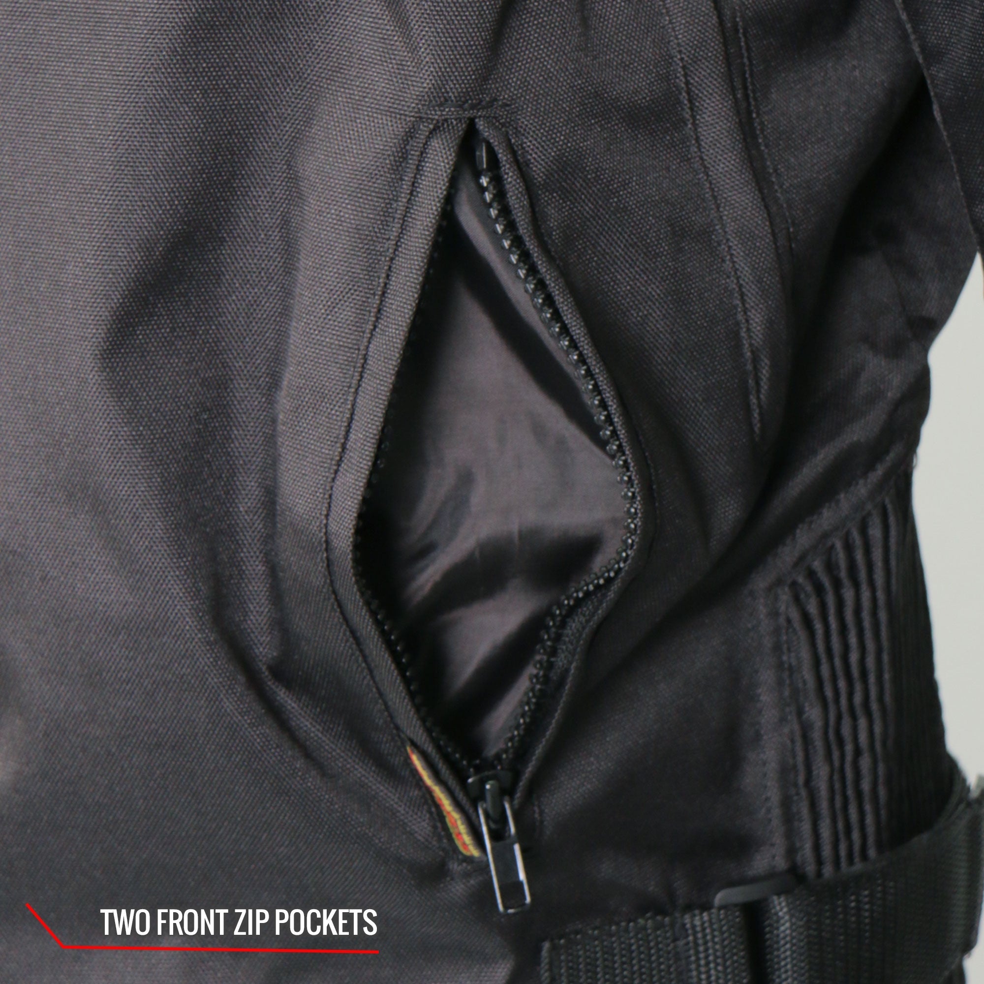 JKM1026 Men’s Black Motorcycle style Nylon Biker Jacket with Orange Reflective Trim