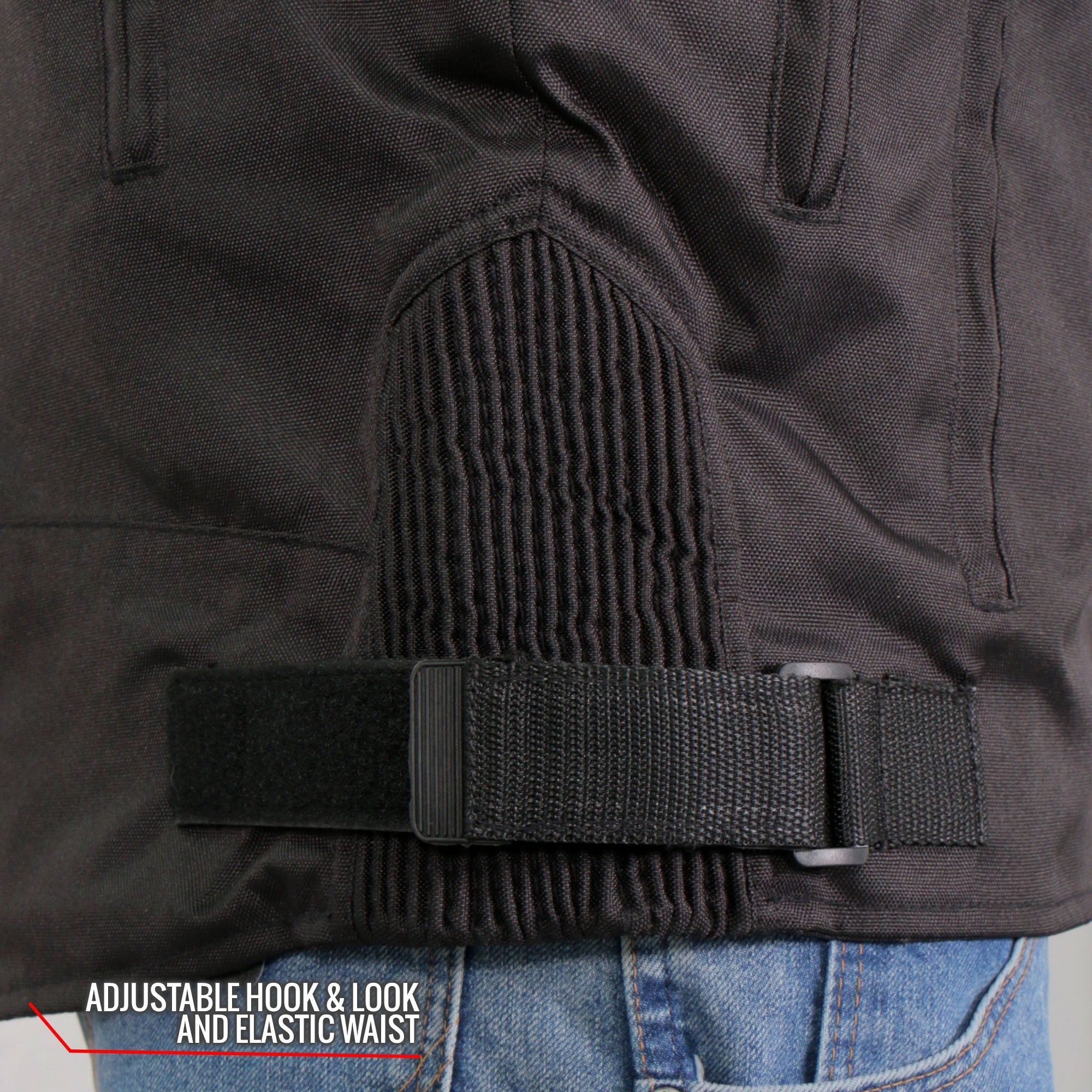 JKM1026 Men’s Black Motorcycle style Nylon Biker Jacket with Orange Reflective Trim