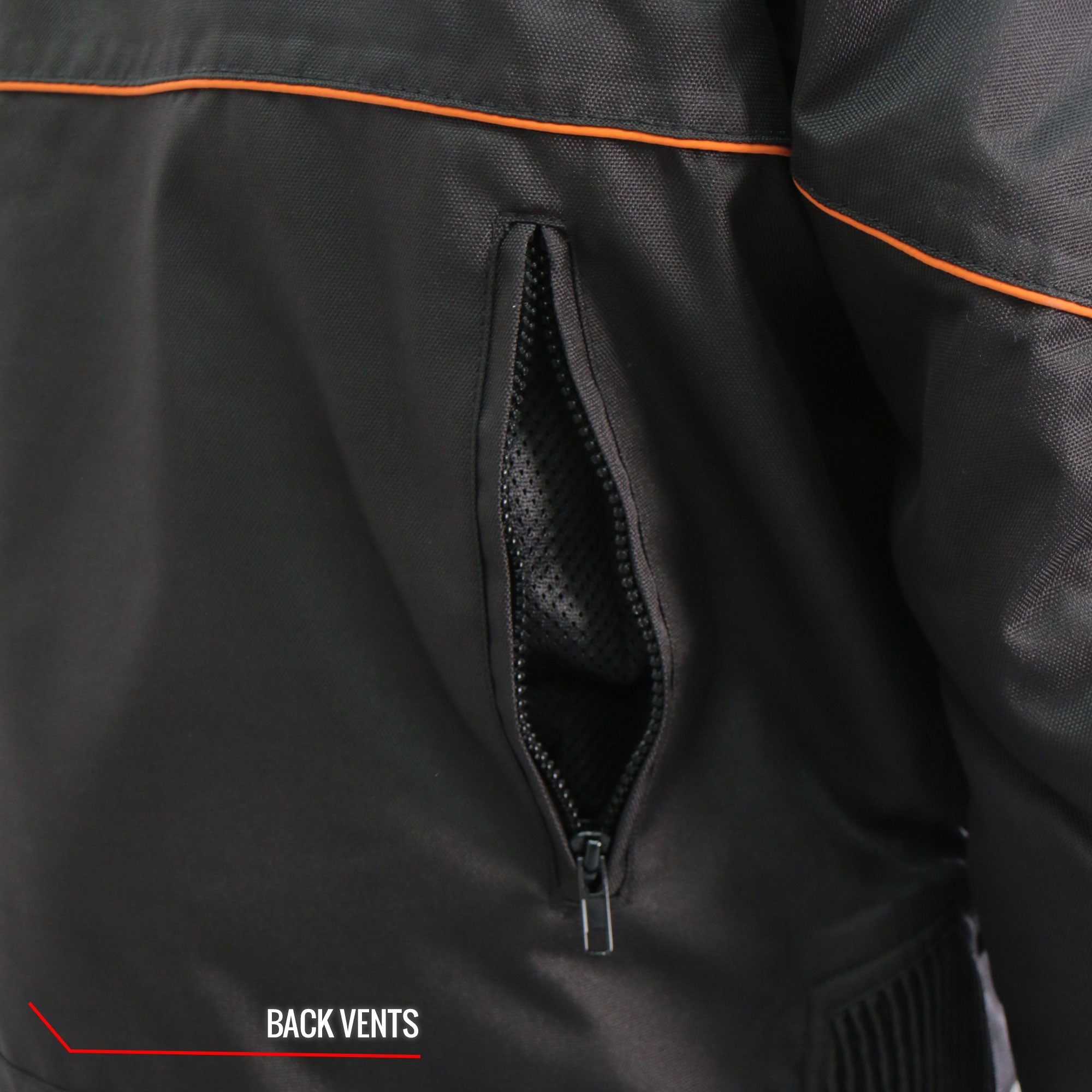 JKM1026 Men’s Black Motorcycle style Nylon Biker Jacket with Orange Reflective Trim