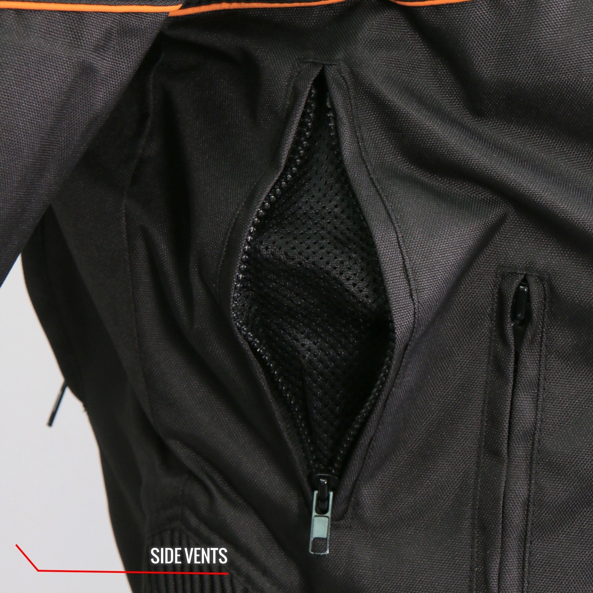 JKM1026 Men’s Black Motorcycle style Nylon Biker Jacket with Orange Reflective Trim