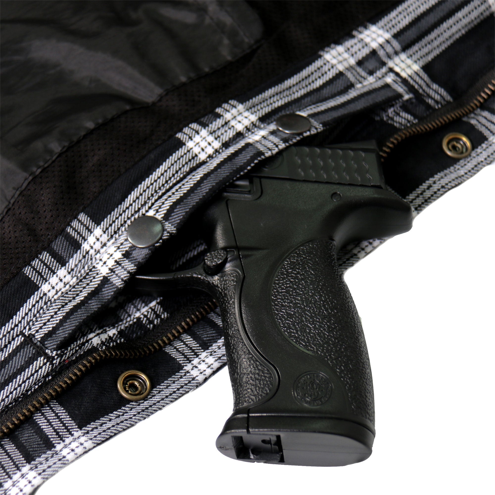 JKM3002 Men's Motorcycle Black and White Armored Flannel Biker Jacket