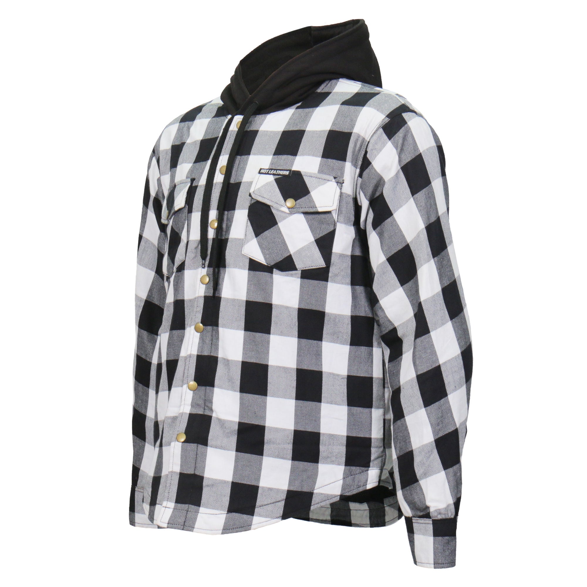 JKM3006 Men’s Motorcycle Black and White Hooded Armored Flannel Biker Jacket