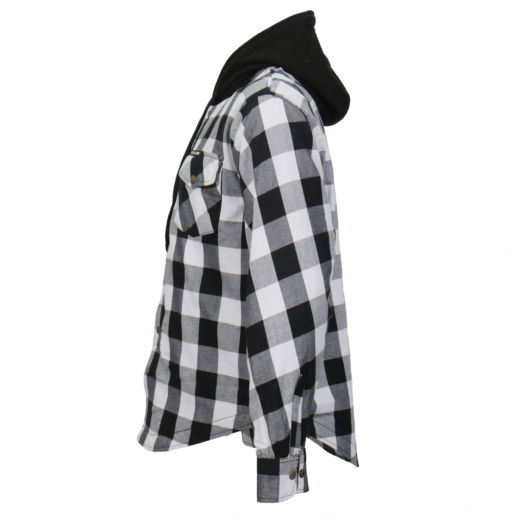 JKM3006 Men’s Motorcycle Black and White Hooded Armored Flannel Biker Jacket