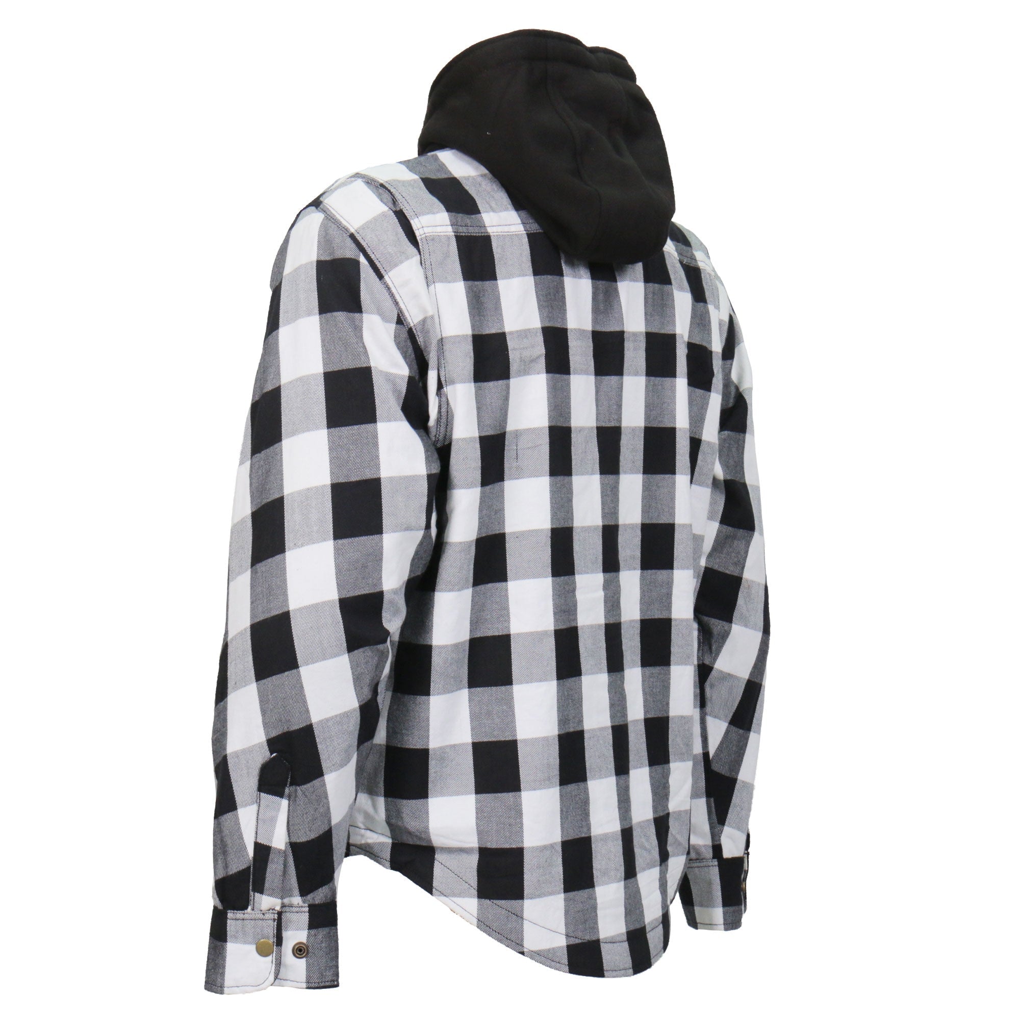 JKM3006 Men’s Motorcycle Black and White Hooded Armored Flannel Biker Jacket