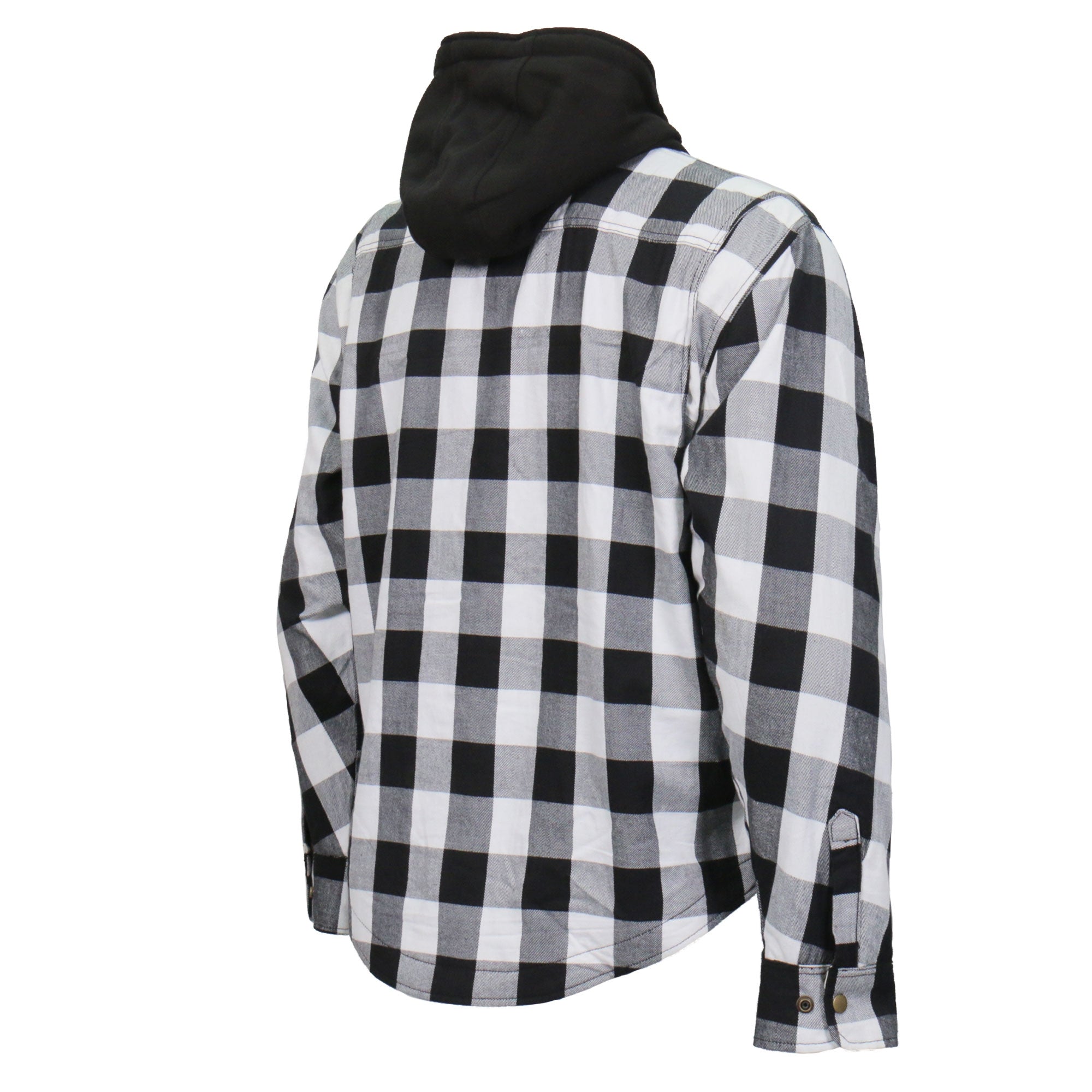 JKM3006 Men’s Motorcycle Black and White Hooded Armored Flannel Biker Jacket