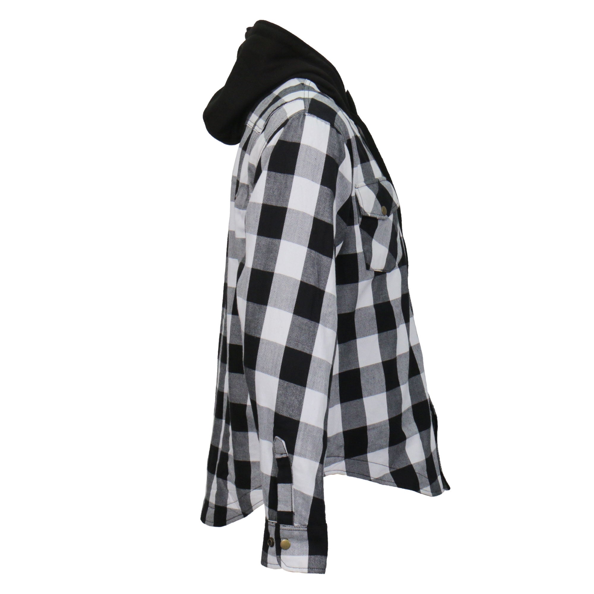 JKM3006 Men’s Motorcycle Black and White Hooded Armored Flannel Biker Jacket