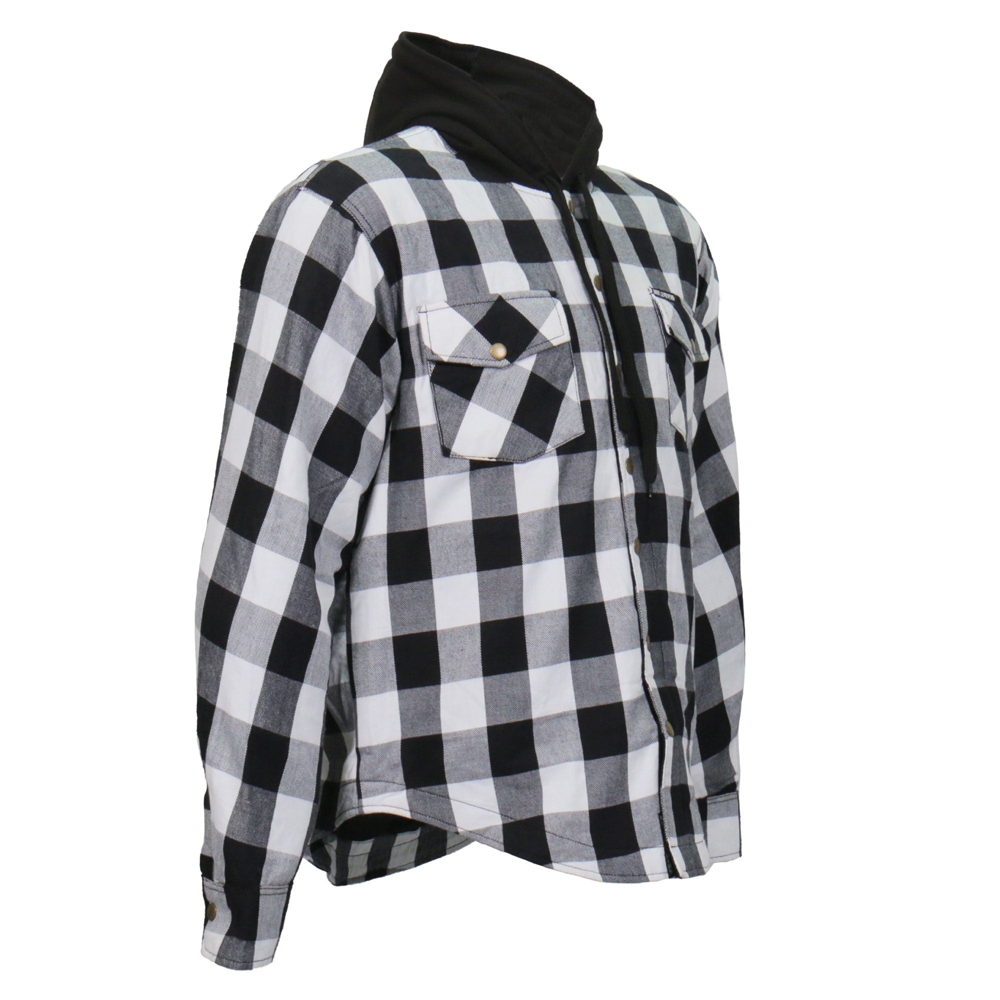 JKM3006 Men’s Motorcycle Black and White Hooded Armored Flannel Biker Jacket
