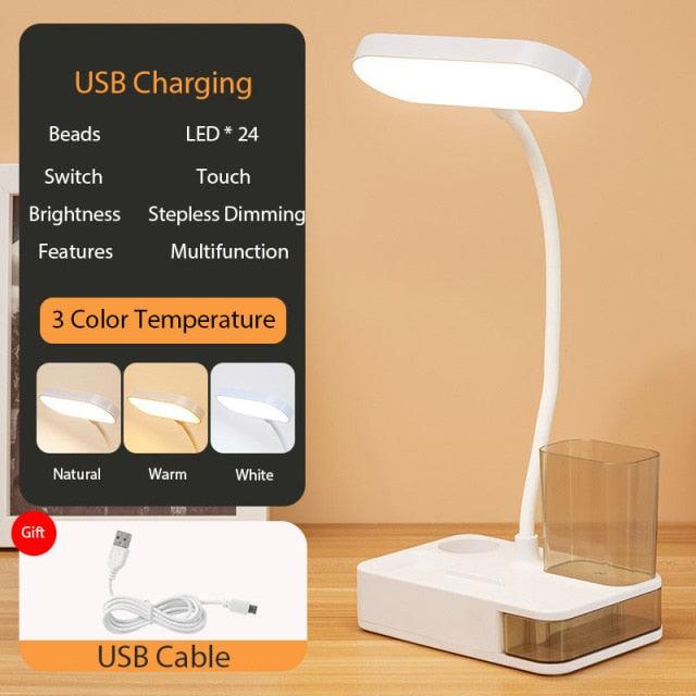 LED Table Lamp With Pen Storage Eye Protection Stepless Dimming Desk Lamp Study Children Smart LED Bedside Lamp Light Decorative Table Lamp Cute Study Lamps for Bedroom Décor