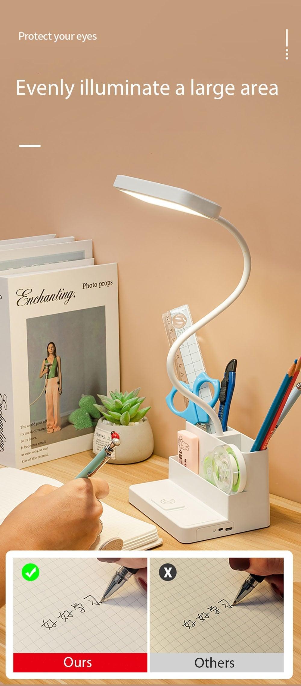 LED Table Lamp With Pen Storage Eye Protection Stepless Dimming Desk Lamp Study Children Smart LED Bedside Lamp Light Decorative Table Lamp Cute Study Lamps for Bedroom Décor