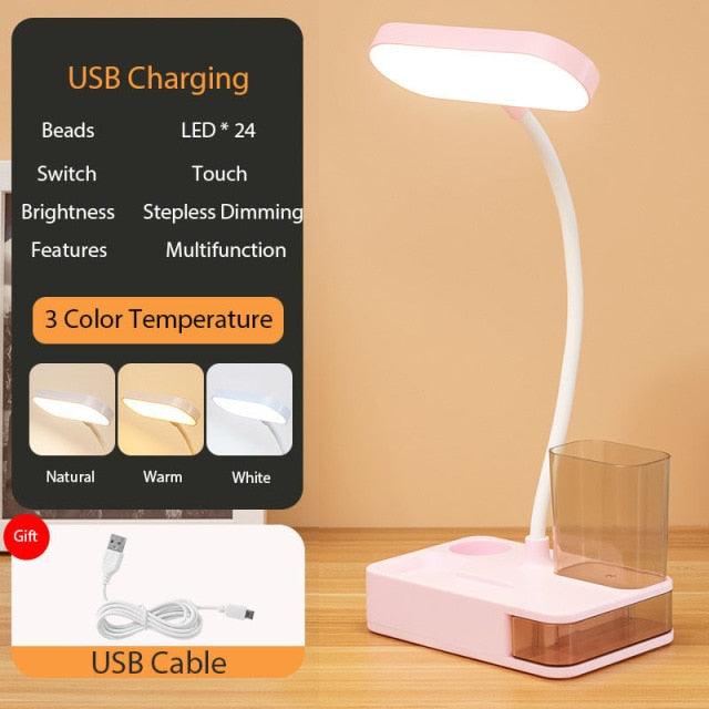LED Table Lamp With Pen Storage Eye Protection Stepless Dimming Desk Lamp Study Children Smart LED Bedside Lamp Light Decorative Table Lamp Cute Study Lamps for Bedroom Décor
