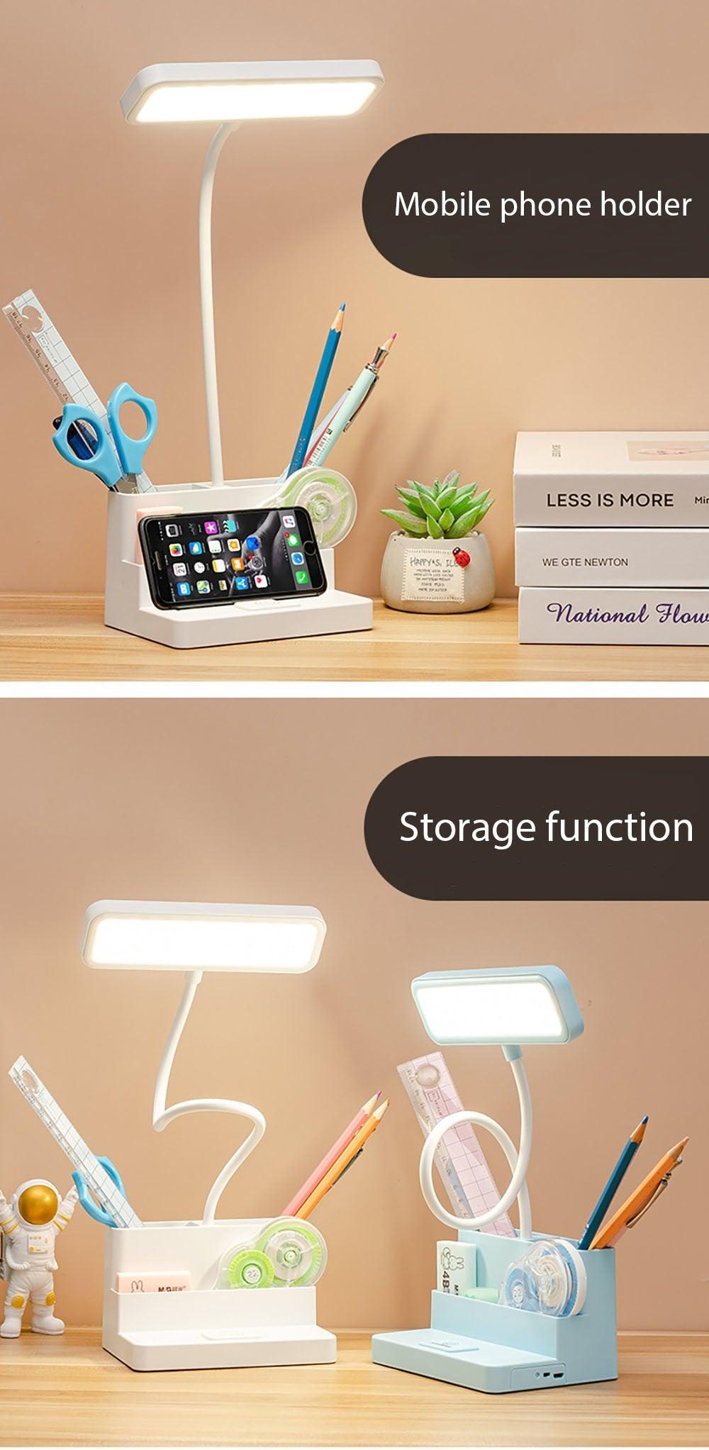 LED Table Lamp With Pen Storage Eye Protection Stepless Dimming Desk Lamp Study Children Smart LED Bedside Lamp Light Decorative Table Lamp Cute Study Lamps for Bedroom Décor