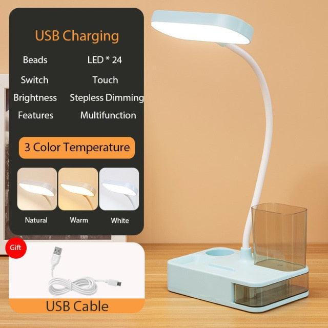 LED Table Lamp With Pen Storage Eye Protection Stepless Dimming Desk Lamp Study Children Smart LED Bedside Lamp Light Decorative Table Lamp Cute Study Lamps for Bedroom Décor