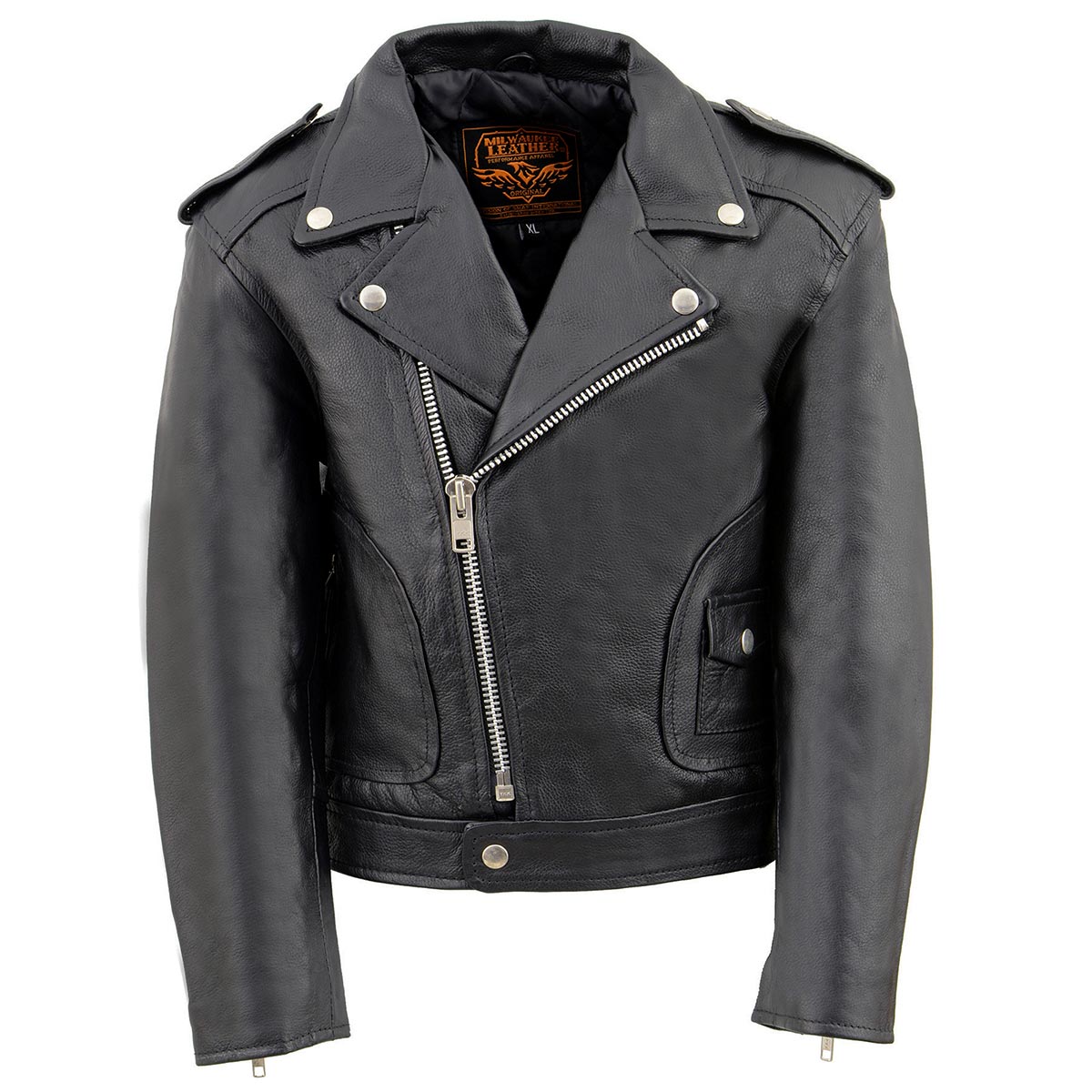 LKK1920 Boy's Black Classic Leather Biker Jacket with Patch Pocket Style