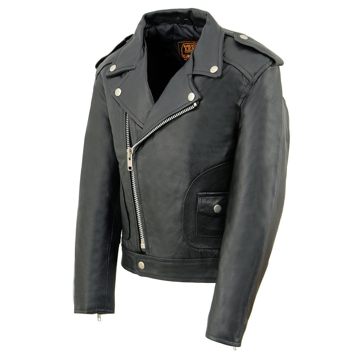 LKK1920 Boy's Black Classic Leather Biker Jacket with Patch Pocket Style