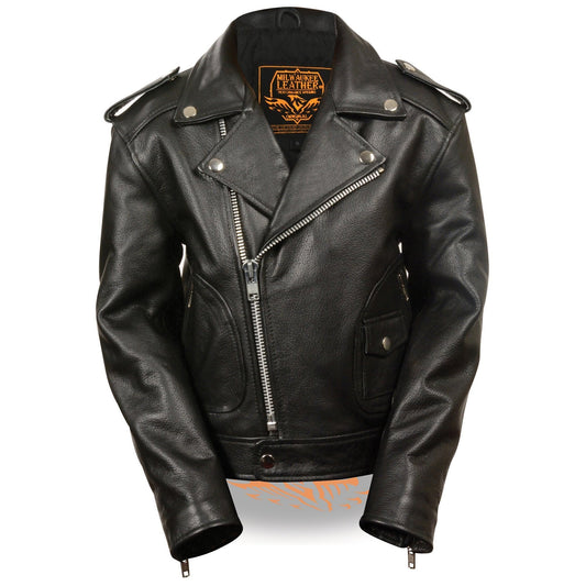 LKK1920 Boy's Black Classic Leather Biker Jacket with Patch Pocket Style