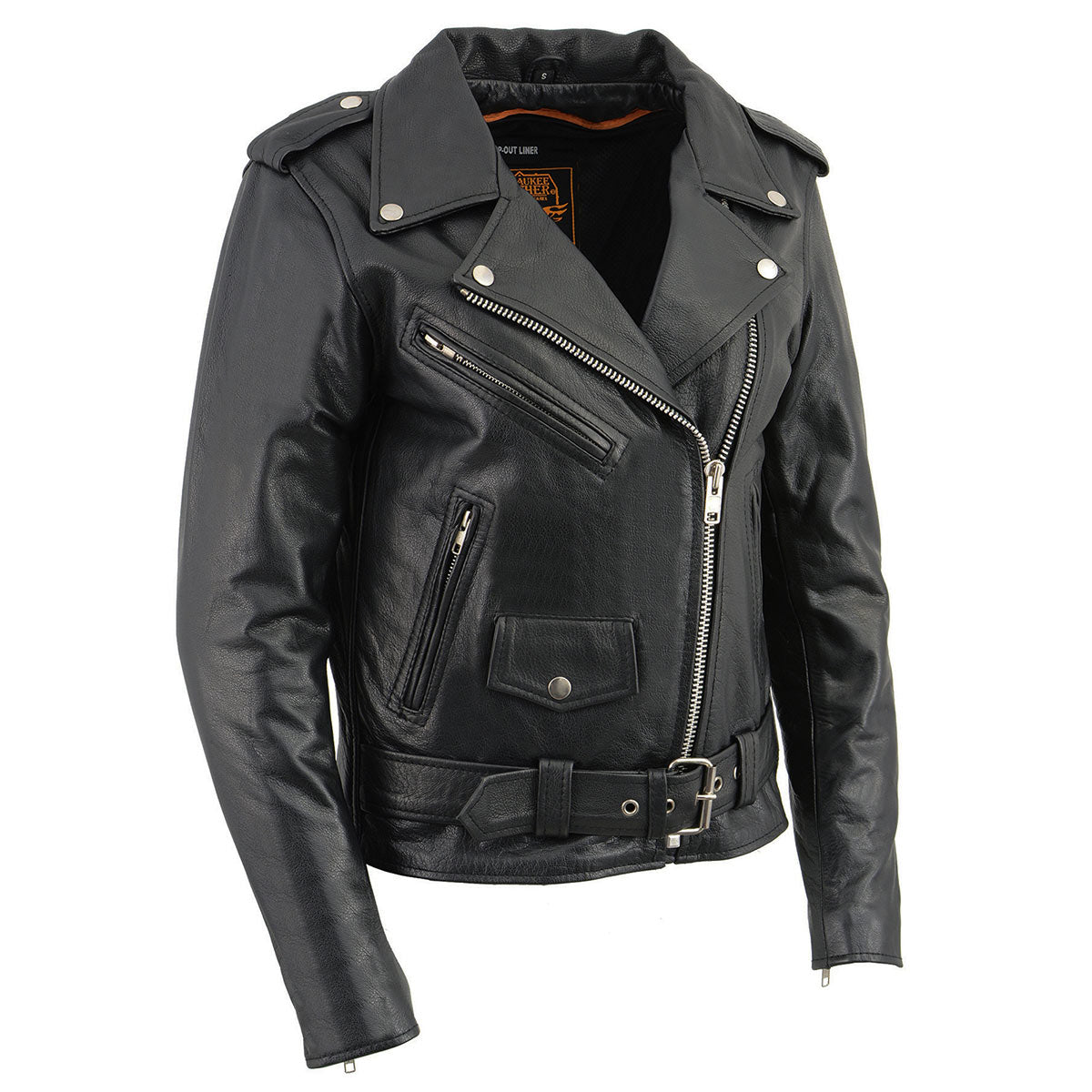 LKL2701 Women's Classic Black Premium Leather Motorcycle Rider Jacket with Built-In Belt