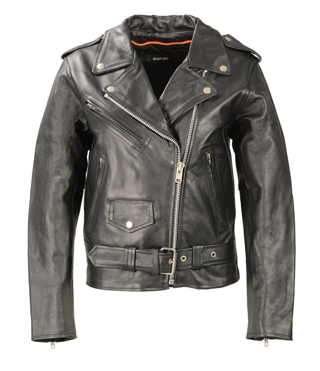 LKL2701 Women's Classic Black Premium Leather Motorcycle Rider Jacket with Built-In Belt
