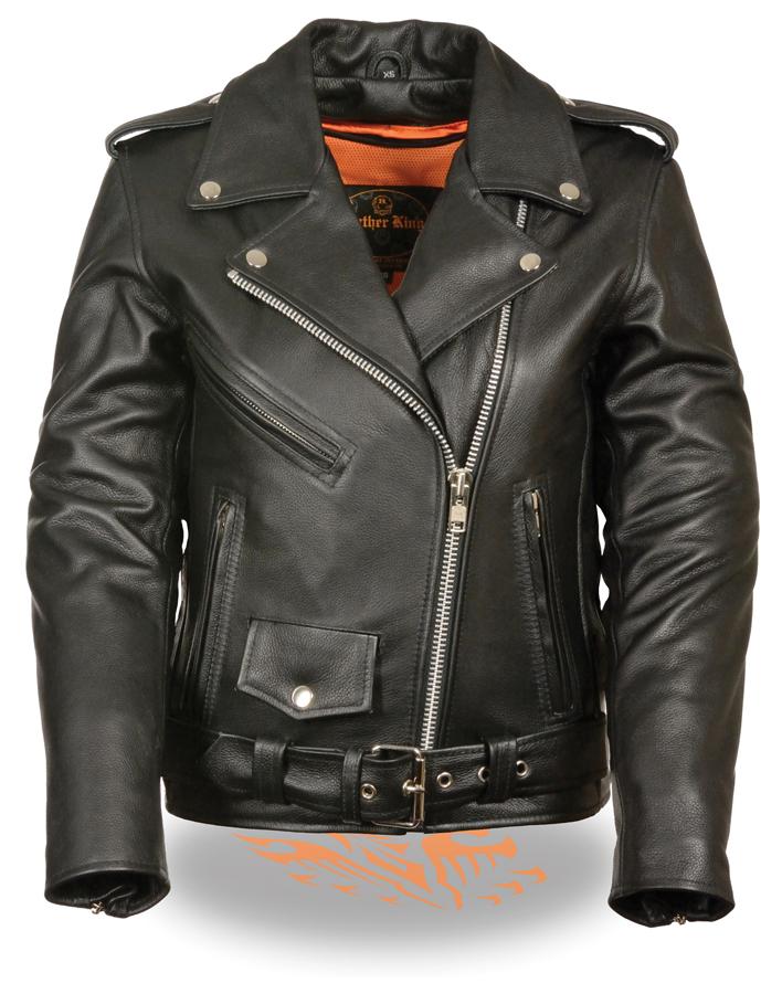 LKL2701 Women's Classic Black Premium Leather Motorcycle Rider Jacket with Built-In Belt