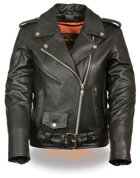 LKL2701 Women's Classic Black Premium Leather Motorcycle Rider Jacket with Built-In Belt