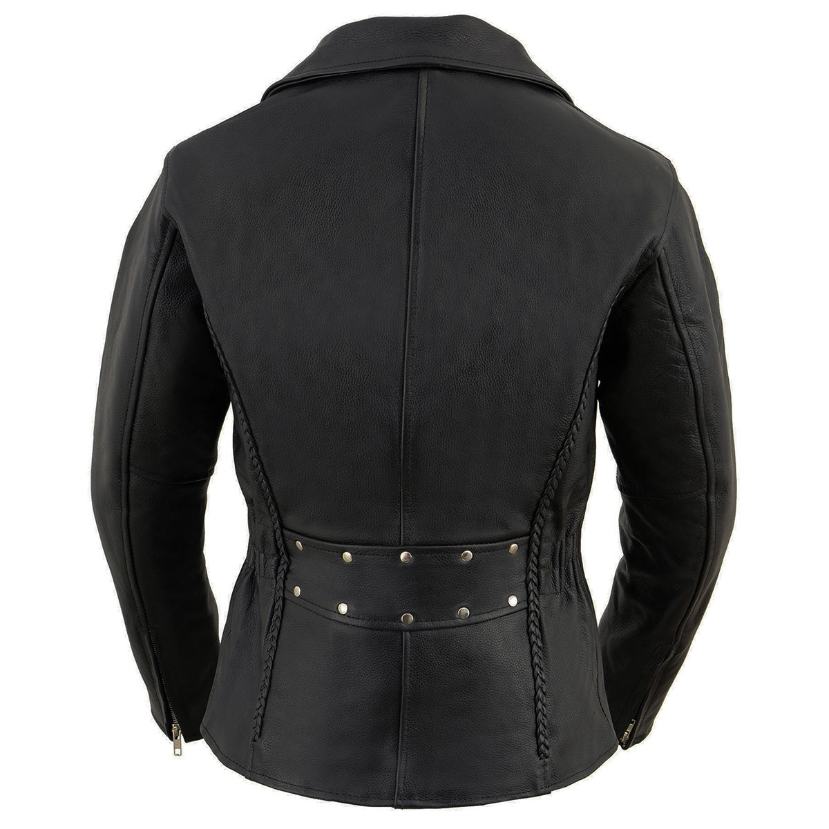 LKL2710 Women's Classic Black Braided Motorcycle Jacket with Studded Back