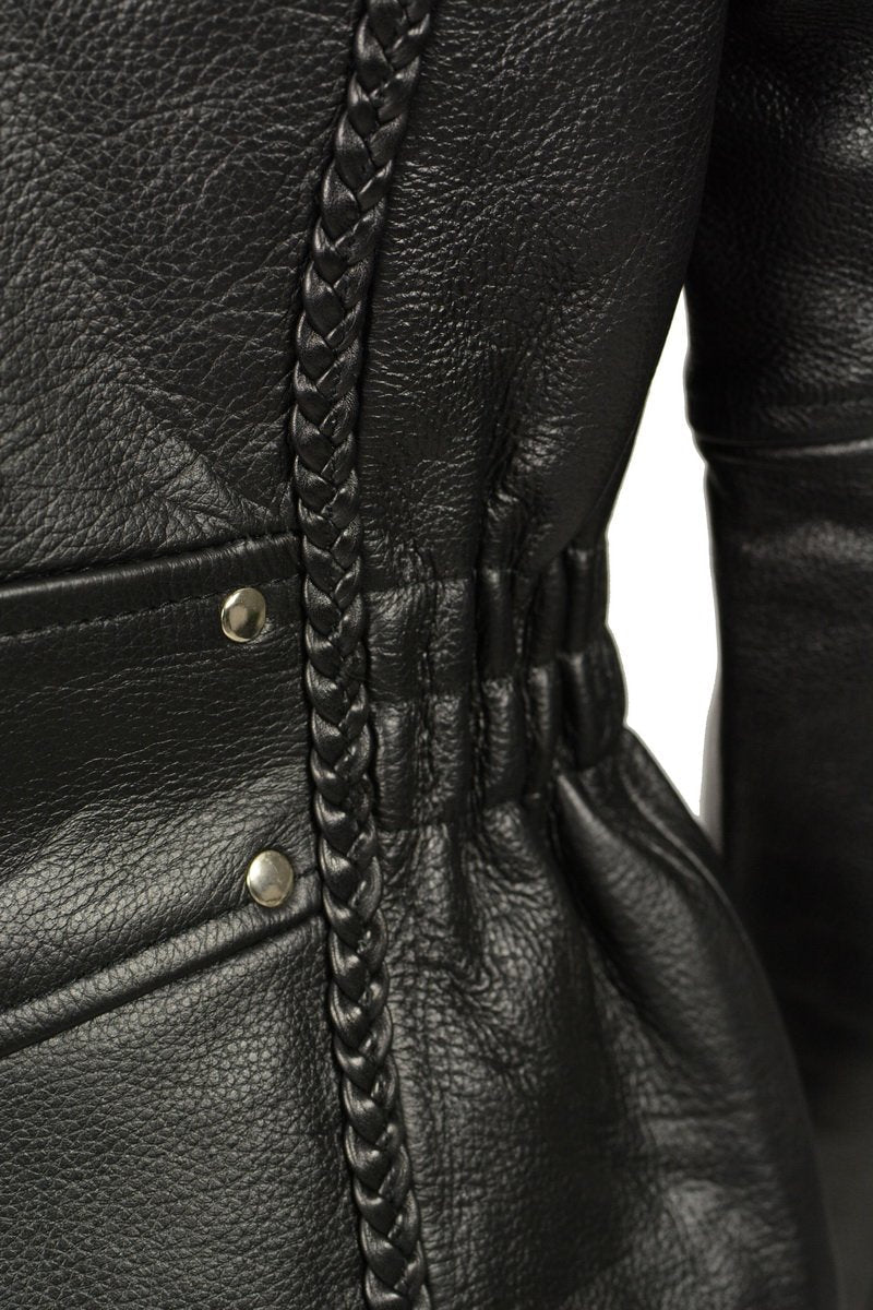 LKL2710 Women's Classic Black Braided Motorcycle Jacket with Studded Back