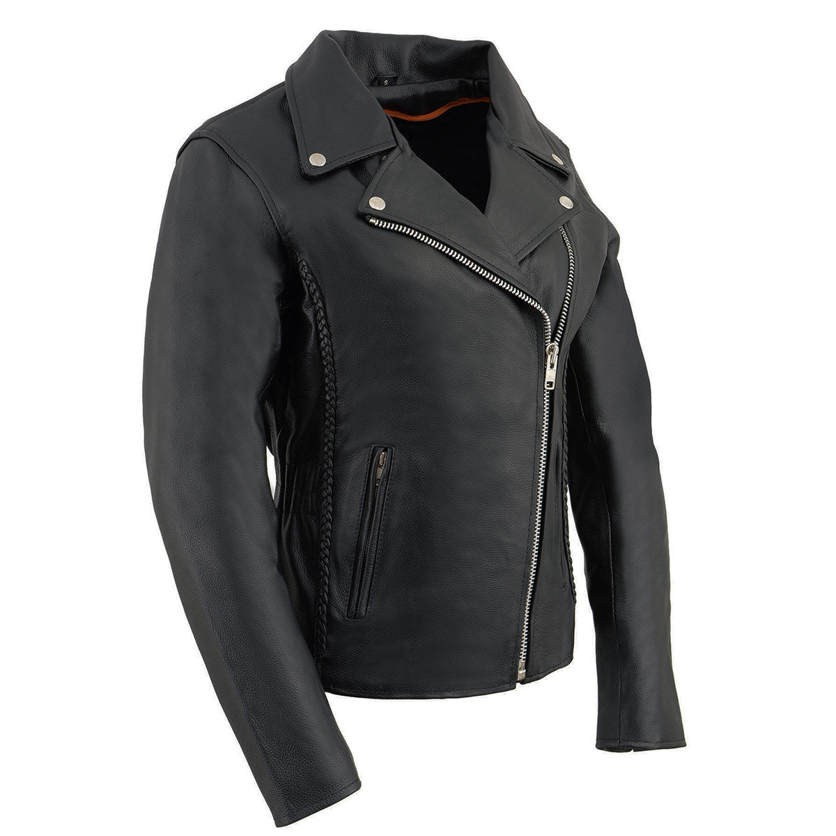 LKL2710 Women's Classic Black Braided Motorcycle Jacket with Studded Back