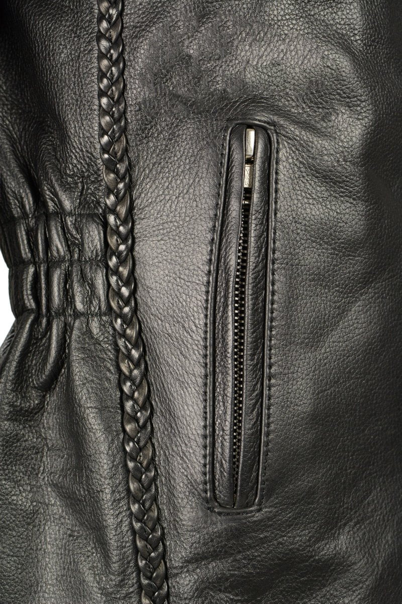 LKL2710 Women's Classic Black Braided Motorcycle Jacket with Studded Back