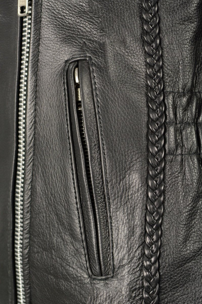 LKL2710 Women's Classic Black Braided Motorcycle Jacket with Studded Back