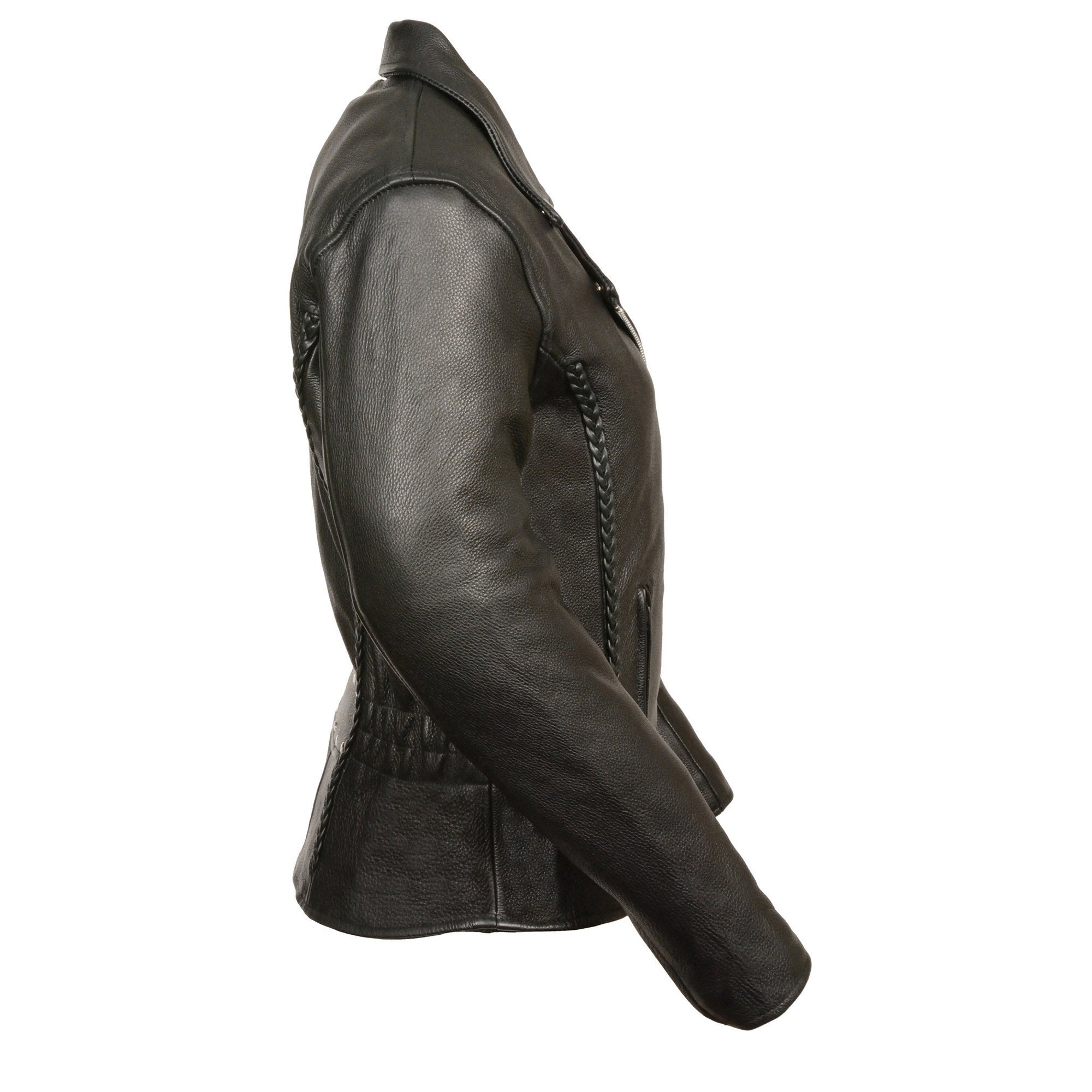 LKL2710 Women's Classic Black Braided Motorcycle Jacket with Studded Back