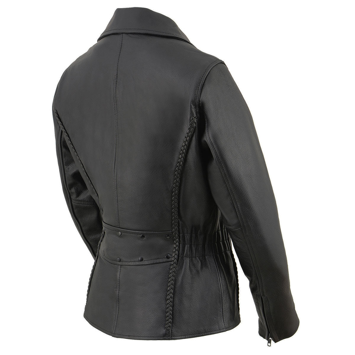 LKL2711 Women's Braided Black Leather Motorcycle Rider Jacket w/ Studded Back
