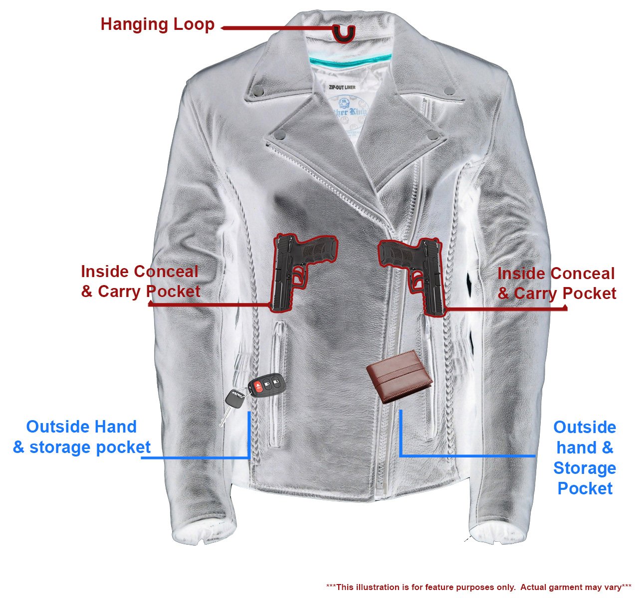 LKL2711 Women's Braided Black Leather Motorcycle Rider Jacket w/ Studded Back