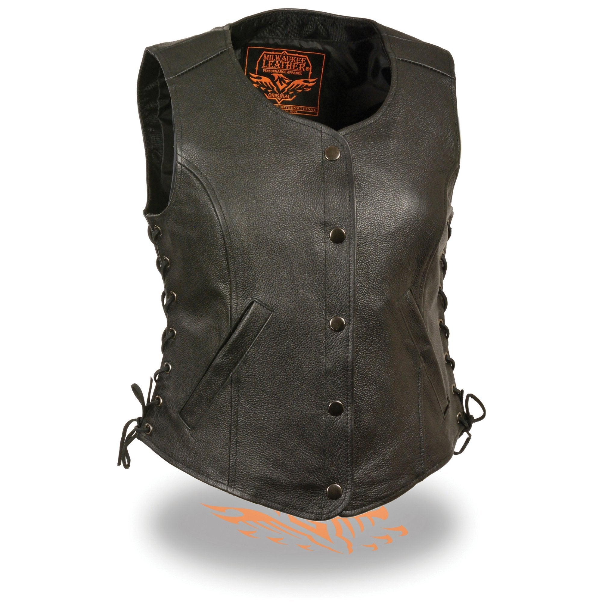 LKL4700 Women's Black Premium Leather Side Laced  Motorcycle Biker Riders Vest w/ Snap Closure