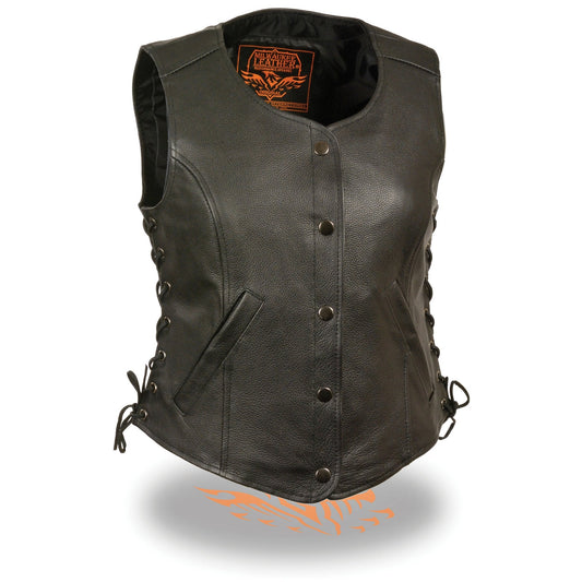 LKL4700 Women's Black Premium Leather Side Laced  Motorcycle Biker Riders Vest w/ Snap Closure