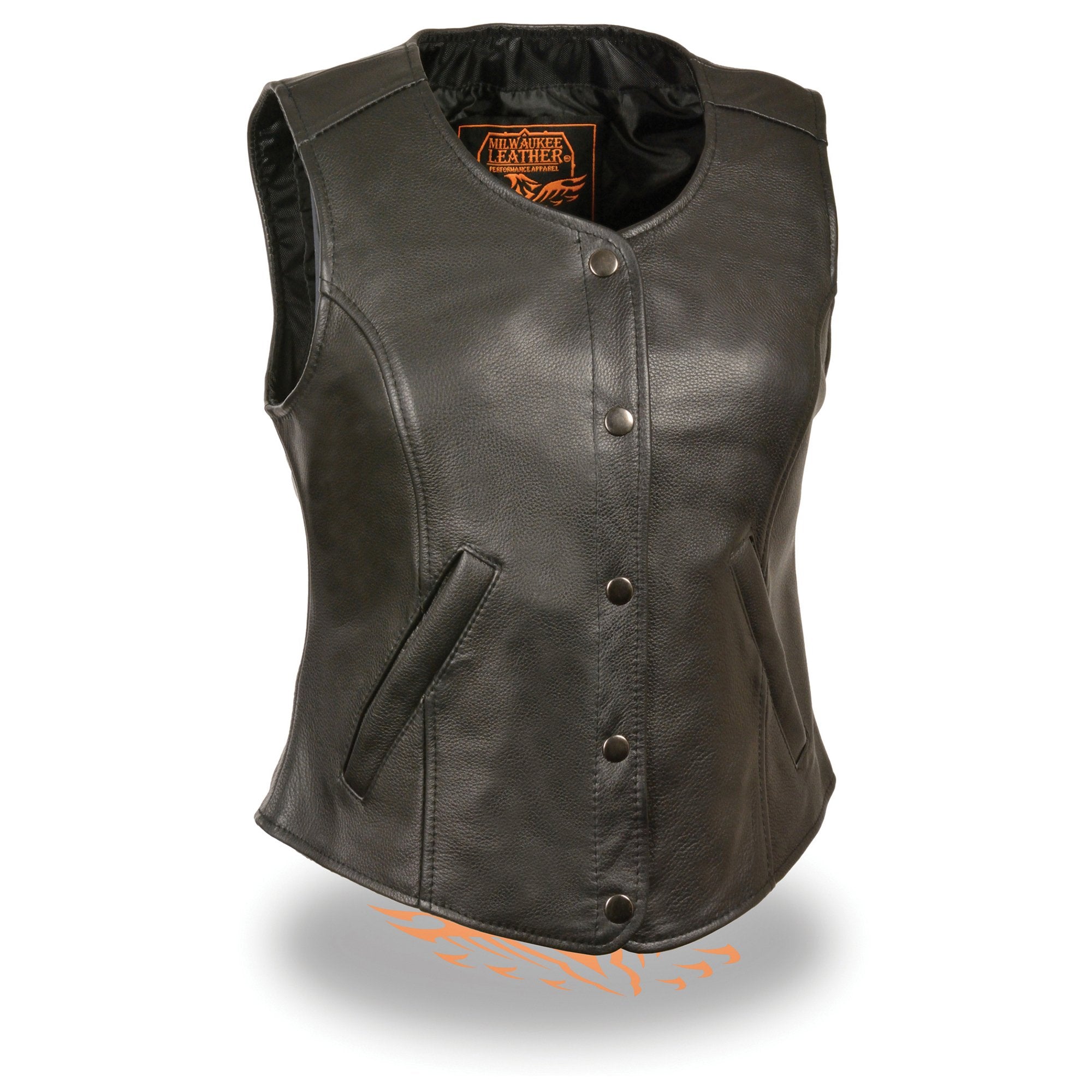 LKL4701 Women's Black Premium Leather Motorcycle Rider Vest w/ Classic 4-Snap Closure