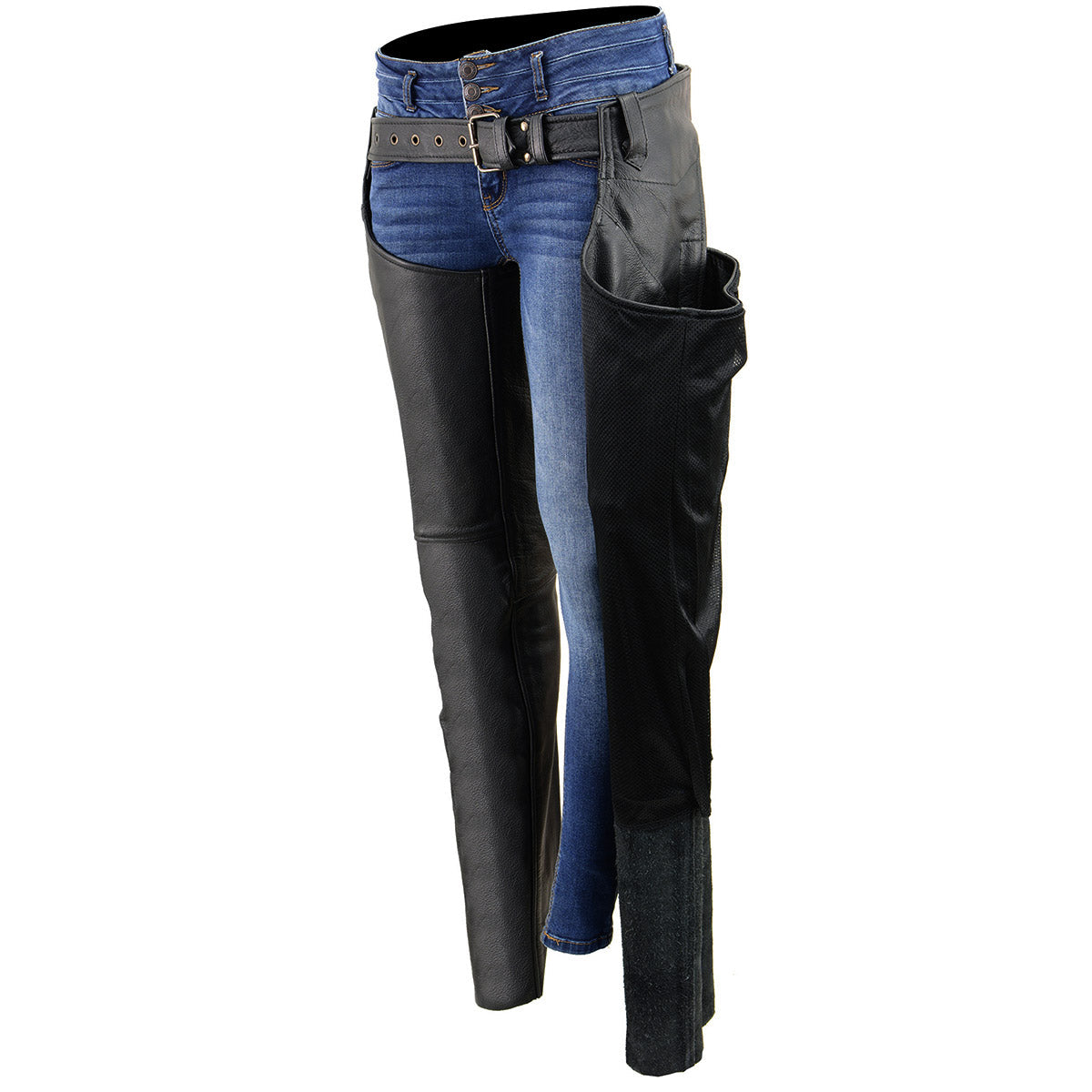 LKL6700 Women's Classic Black Leather Chaps with Hip Pocket