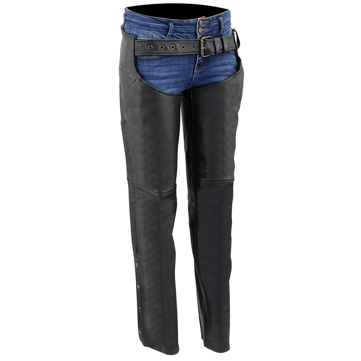 LKL6700 Women's Classic Black Leather Chaps with Hip Pocket
