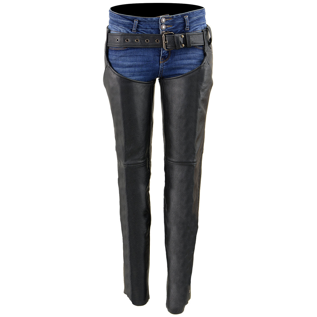 LKL6700 Women's Classic Black Leather Chaps with Hip Pocket