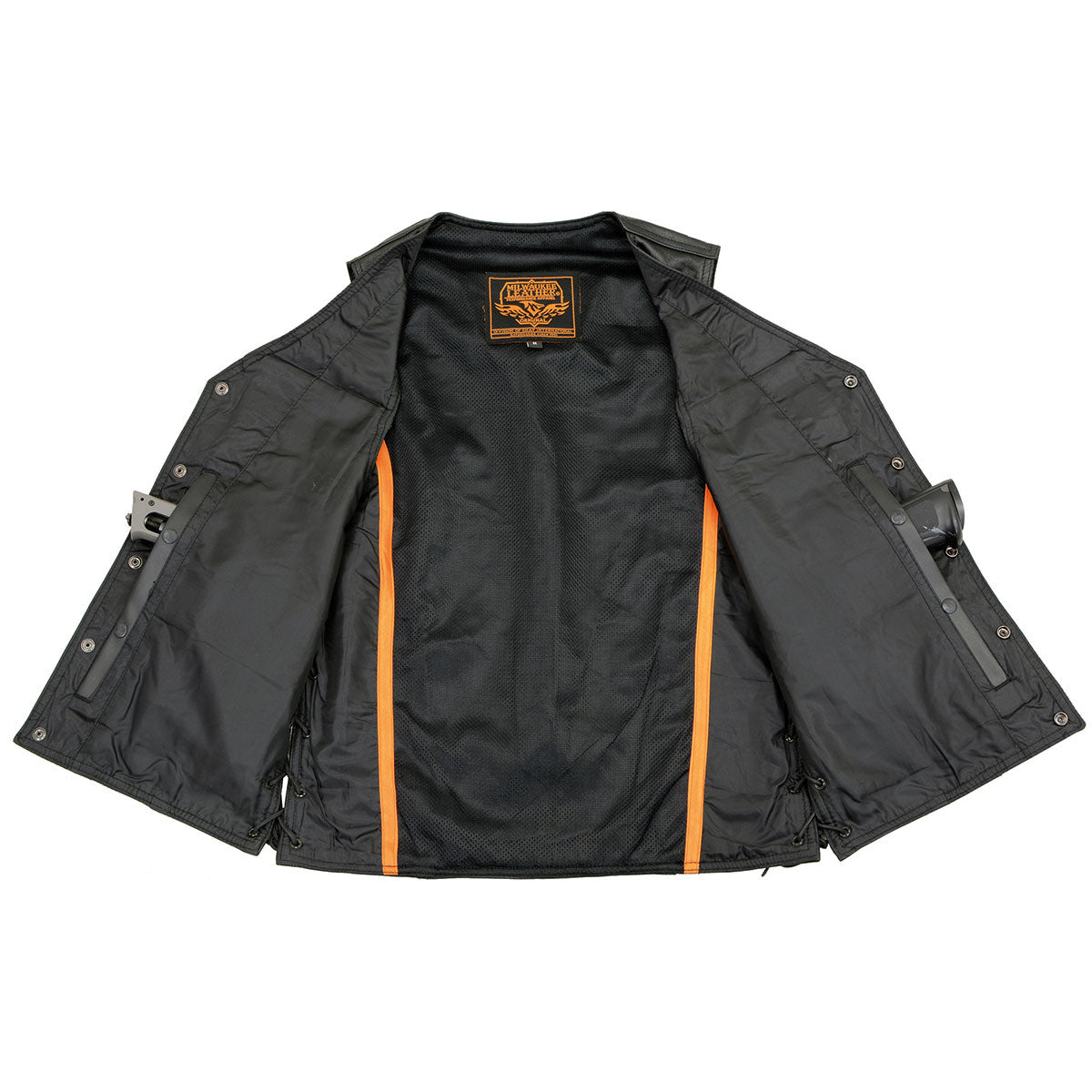 LKM1360 Men's Black Leather Classic V-Neck Motorcycle Rider Vest w/ Snaps and Side Laces Closure