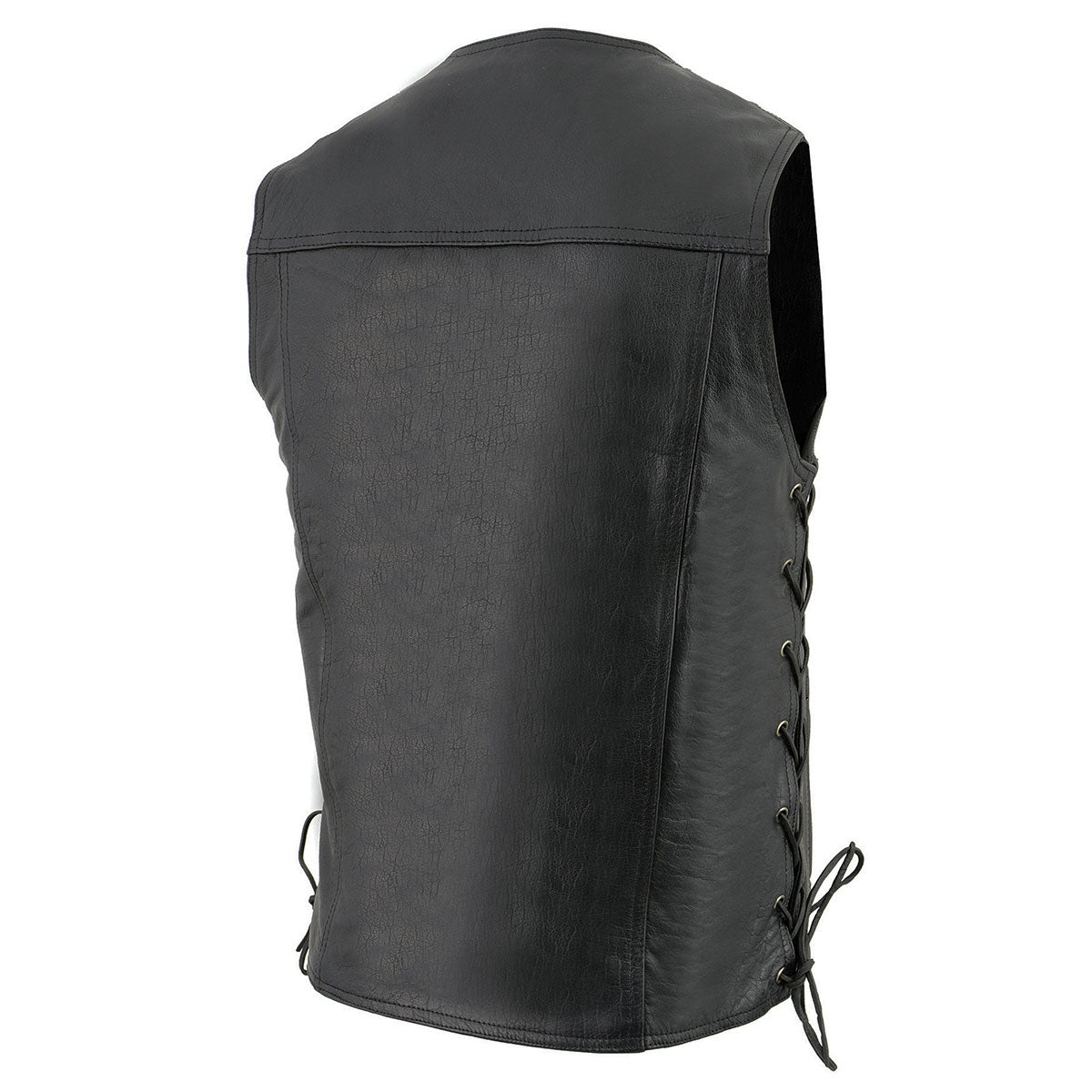 LKM1360 Men's Black Leather Classic V-Neck Motorcycle Rider Vest w/ Snaps and Side Laces Closure