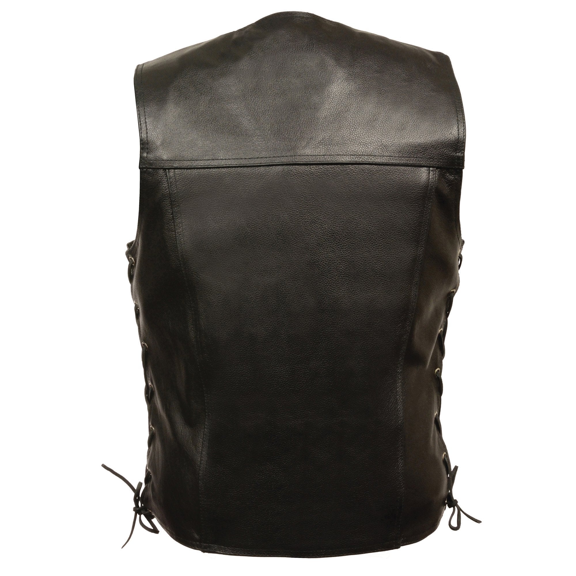 LKM1360 Men's Black Leather Classic V-Neck Motorcycle Rider Vest w/ Snaps and Side Laces Closure