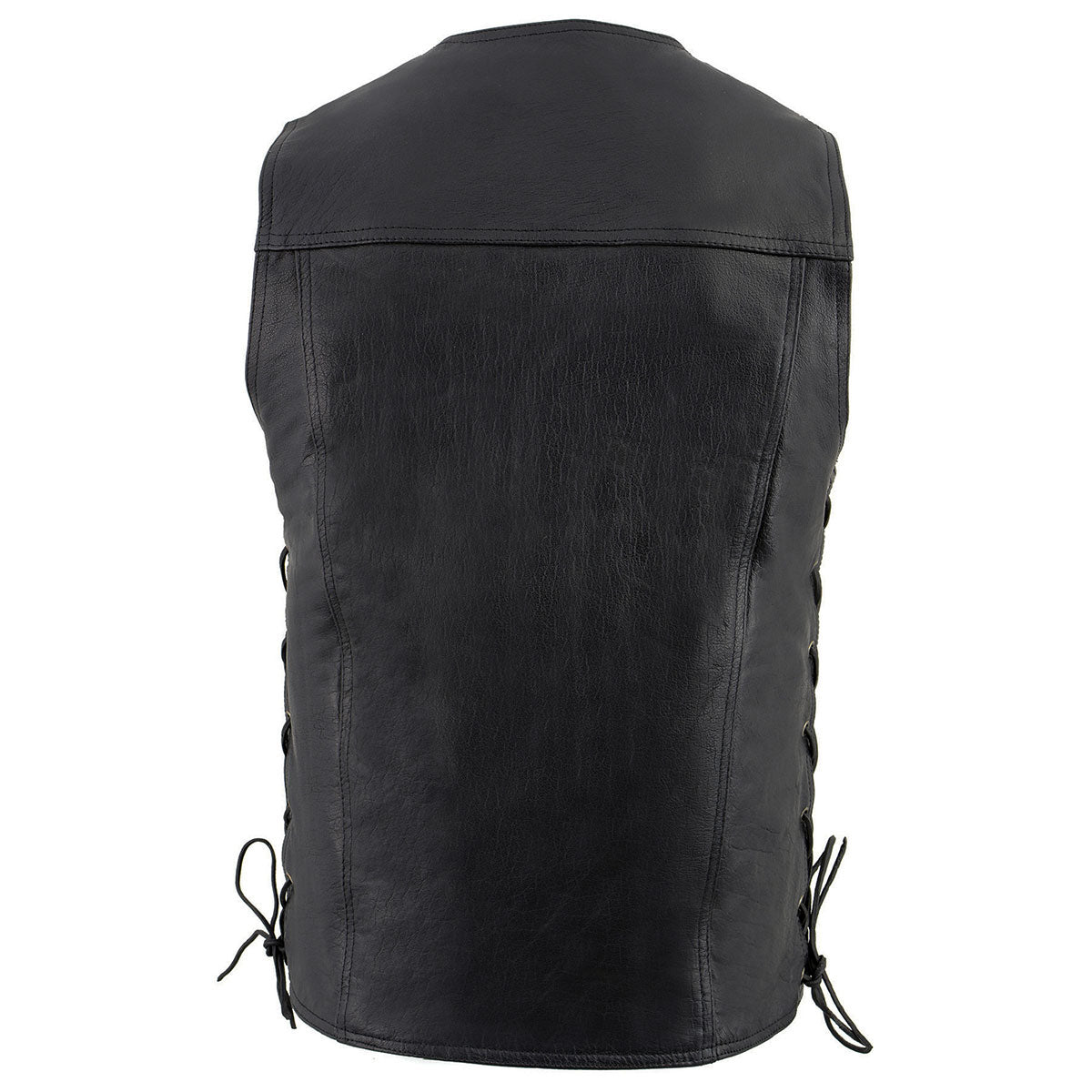 LKM1360 Men's Black Leather Classic V-Neck Motorcycle Rider Vest w/ Snaps and Side Laces Closure