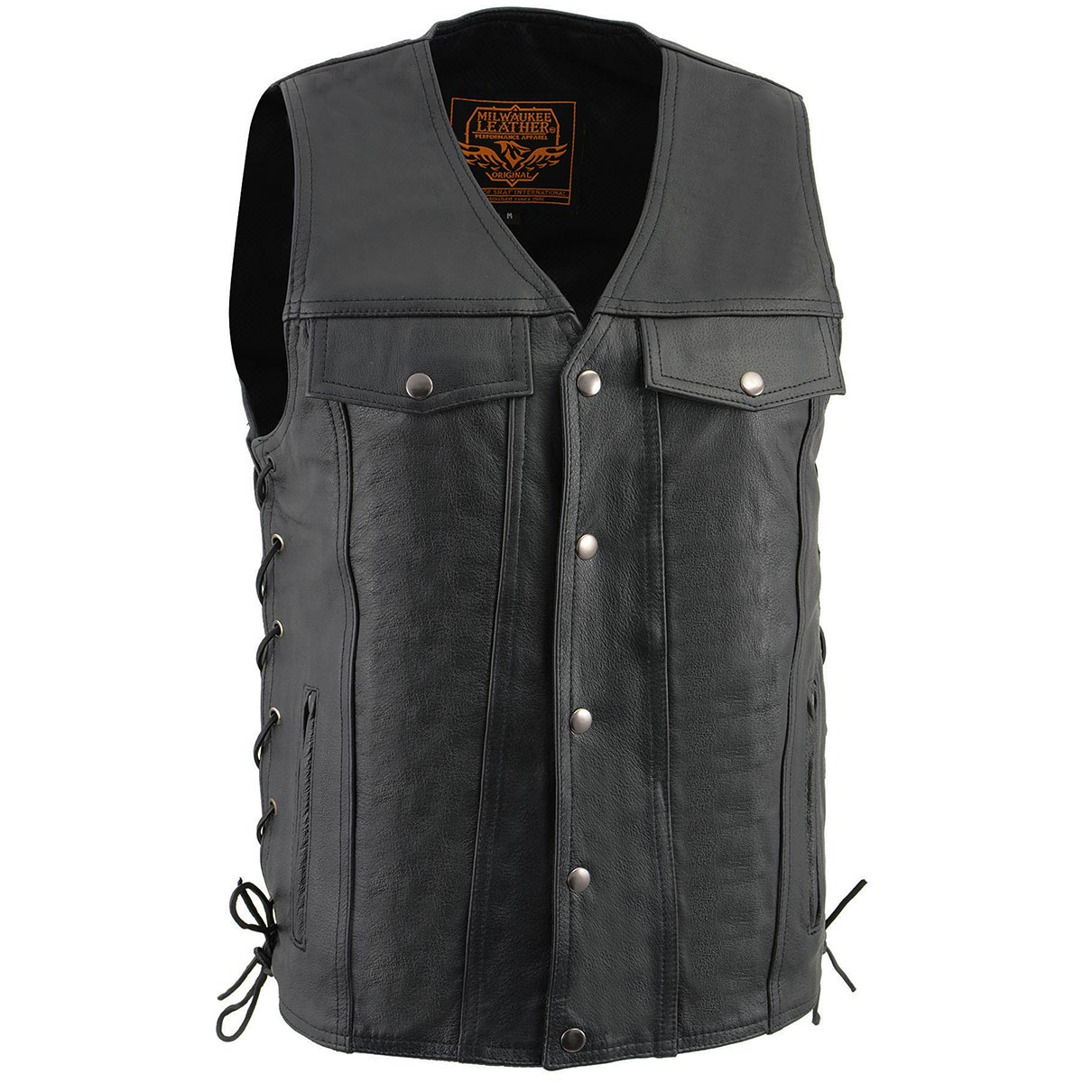 LKM1360 Men's Black Leather Classic V-Neck Motorcycle Rider Vest w/ Snaps and Side Laces Closure
