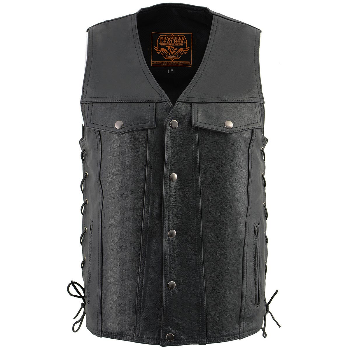 LKM1360 Men's Black Leather Classic V-Neck Motorcycle Rider Vest w/ Snaps and Side Laces Closure