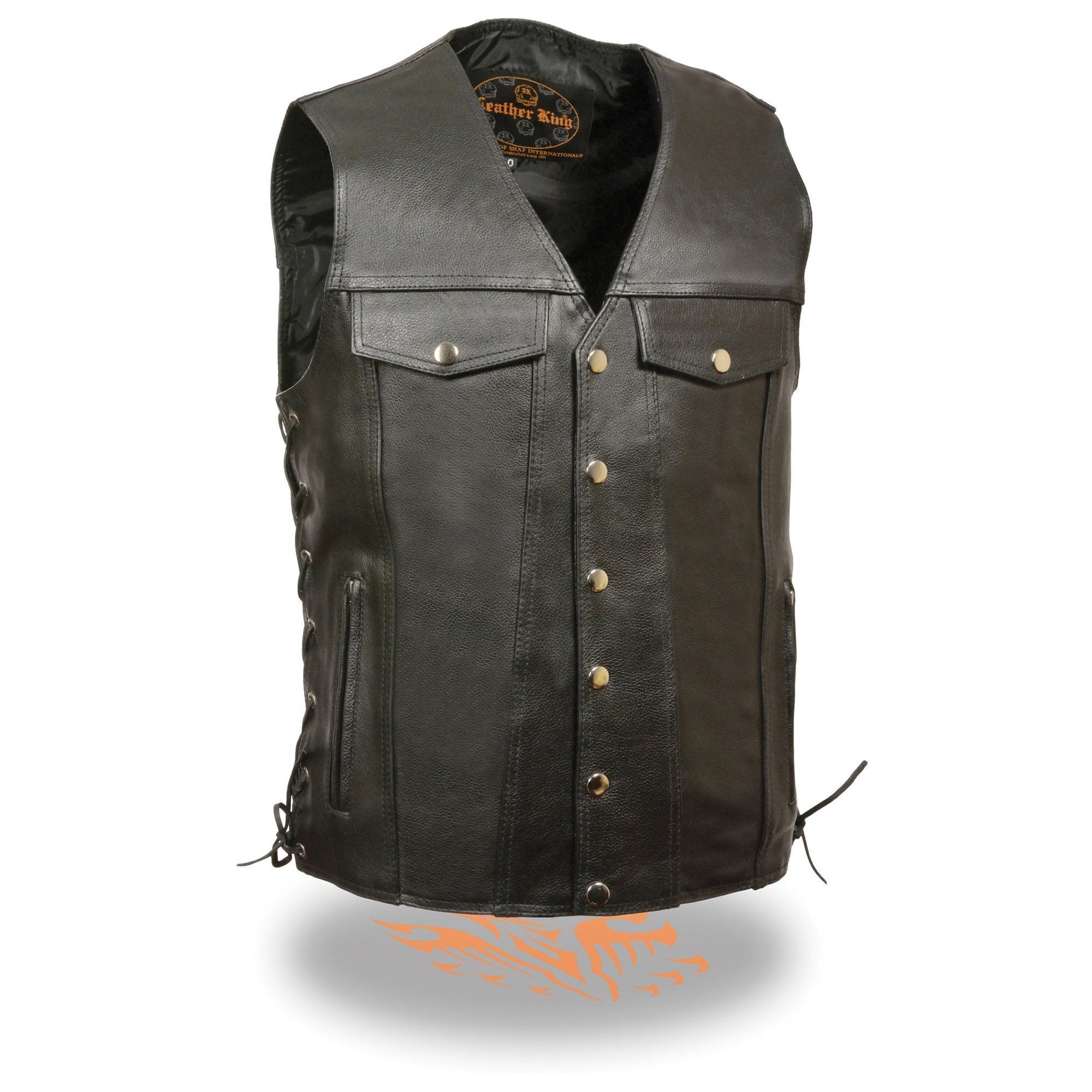LKM1360 Men's Black Leather Classic V-Neck Motorcycle Rider Vest w/ Snaps and Side Laces Closure