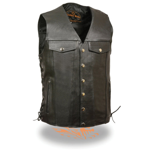 LKM1360 Men's Black Leather Classic V-Neck Motorcycle Rider Vest w/ Snaps and Side Laces Closure
