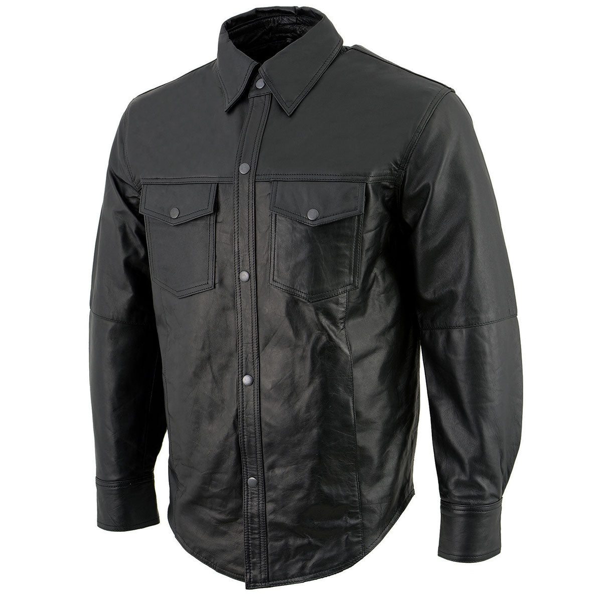 LKM1600 Men's Black Lightweight Casual Biker Style Leather Shirt