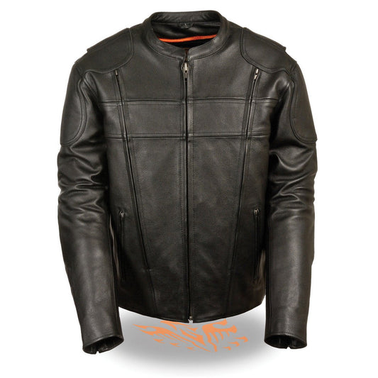 LKM1705 Men's Black Side Stretch Vented Black Leather Scooter Jacket