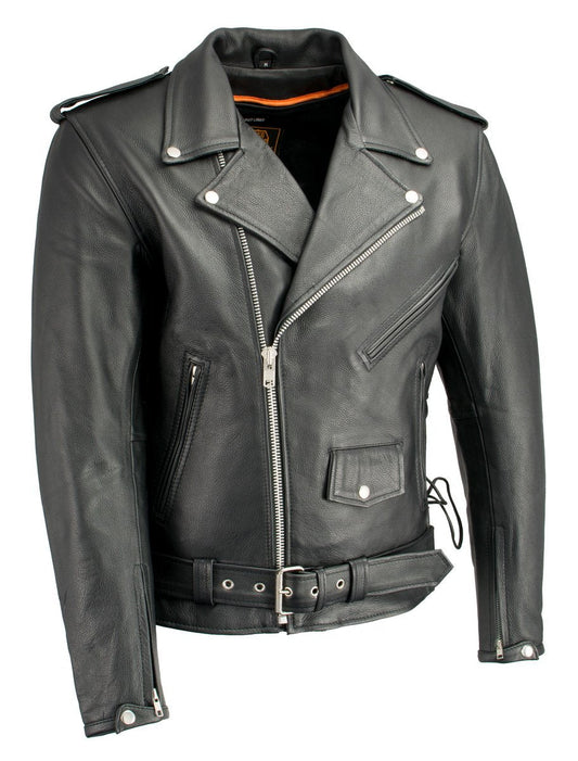 LKM1711 Black Leather Motorcycle Jacket for Men, Thick Police Style Biker Jacket w/ Side Lace